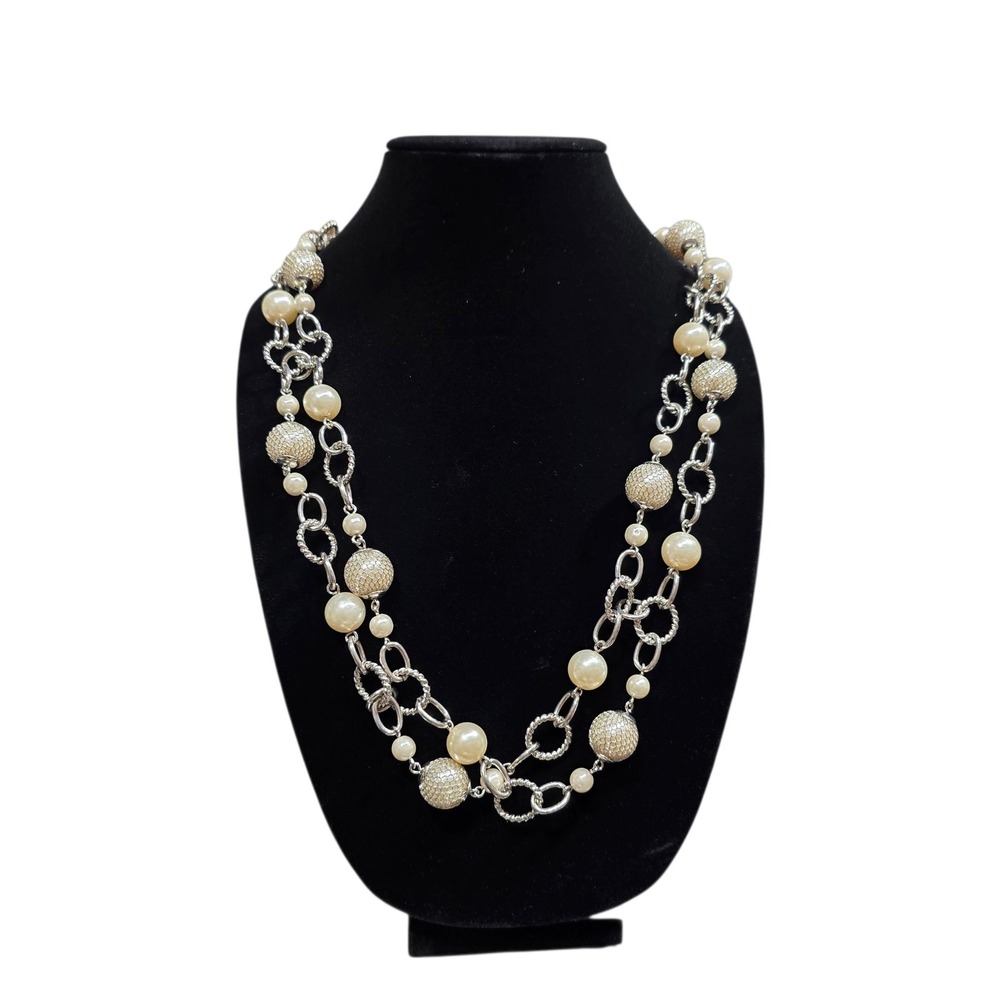 Faux Pearl Necklace Silver‎ Chain Two Strand Statement Party Jewelry